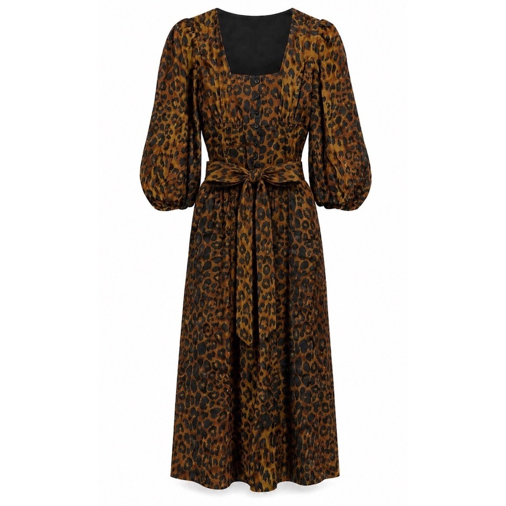 NWT Tuckernuck Graciela Dress Women 10 Leopard Print Puff Sleeve Midi